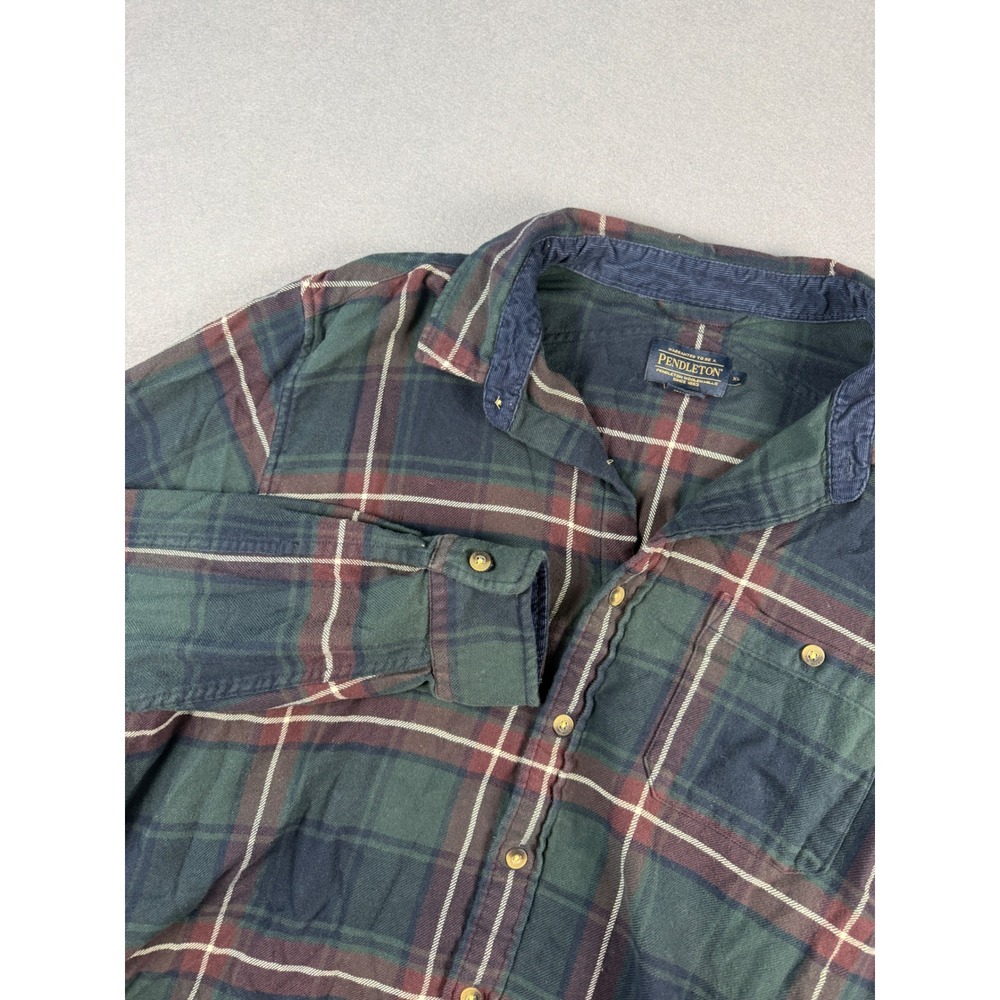 Pendleton Mens XL Plaid Flannel Shirt Green Navy Corduroy Collar 100% Cotton